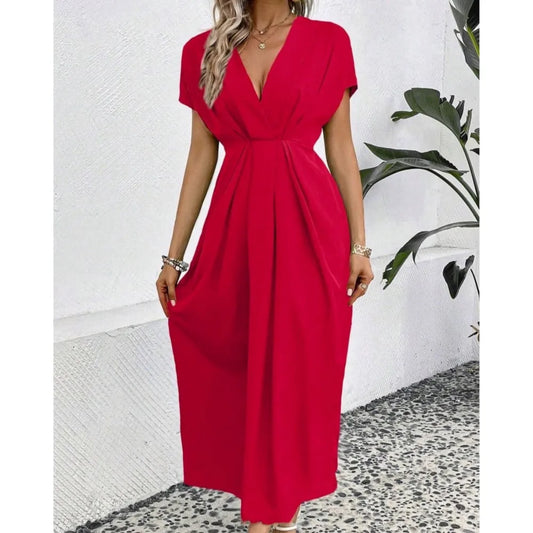 Fashionable High Waisted Elegant Party Dress 2024 Summer Solid Color Deep V-neck Pleated Elastic Long Dress Vestidos De Mujer