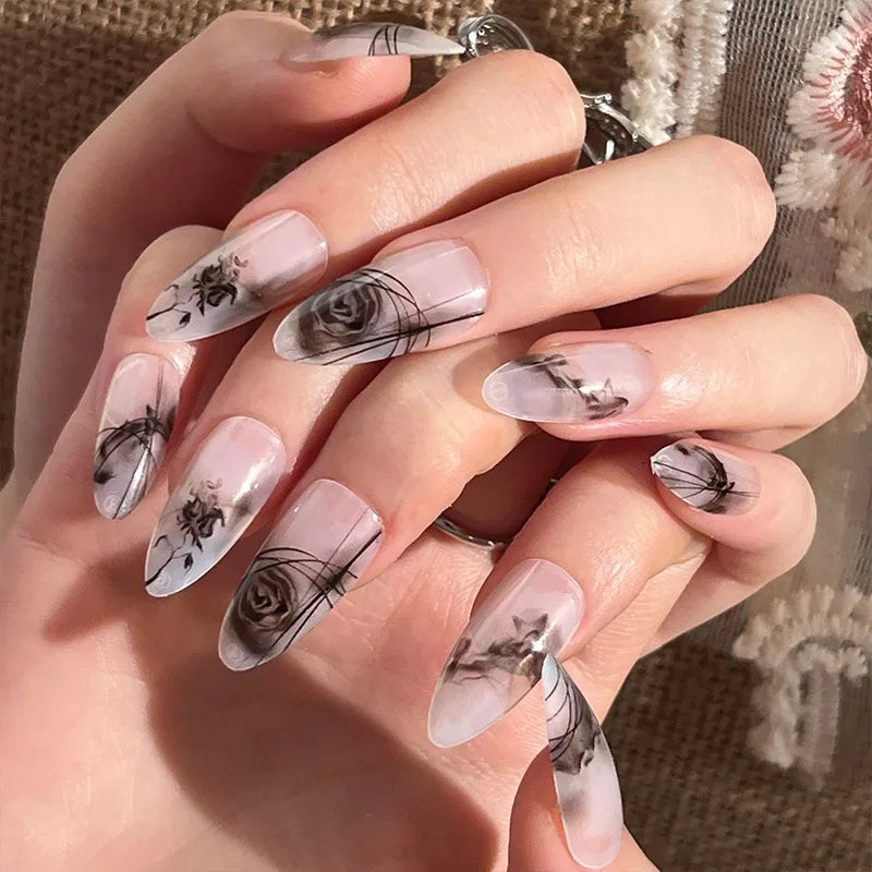 24Pcs/Box Gradient Color Artifical Press On Nails With Glue Long Coffin Fake Nails Lovely Girls Nail Art Ballerina False Nails