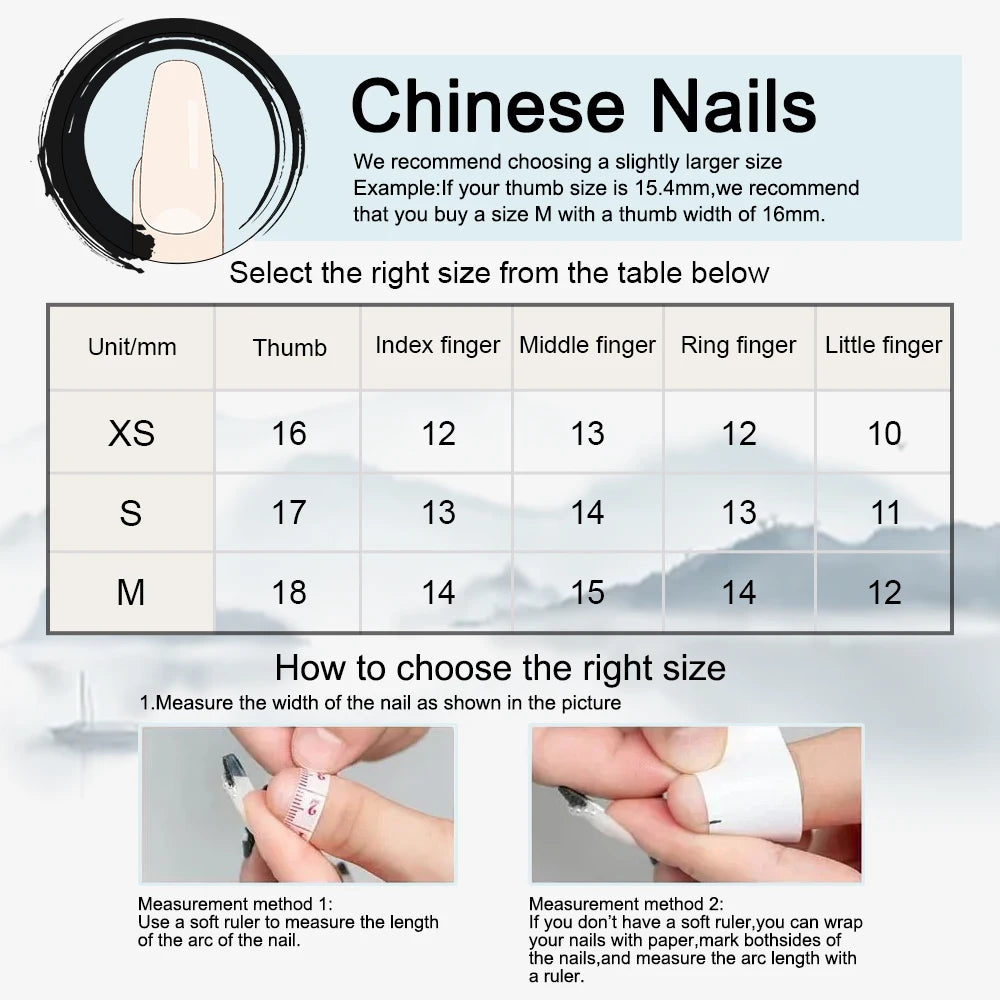 10PCS Chinese Bamboo Long Press on Nails Poetry Painting Design Fake Nails Set Reusable Full Cover Acrylic Nails Art for Women