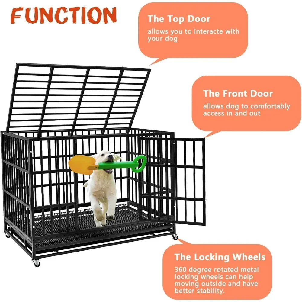 48/38 inch Heavy Duty Indestructible Dog Crate, Escape Proof Dog Cage Kennel with Lockable Wheels,47.2"L x 30.7"W x 36.0"H