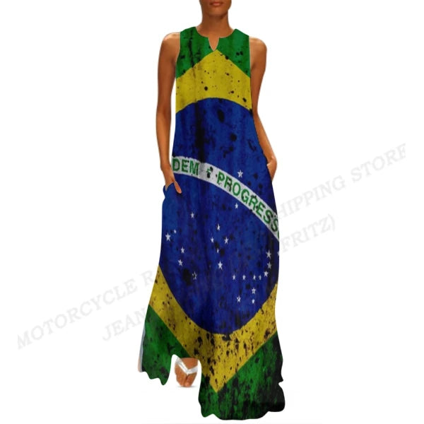 Brazil Flag Dress Women Fashion V-neck Long Dress Party Evening Casual Brasil Women Dresses Elegant Boho Maxi Vestido Beach Robe