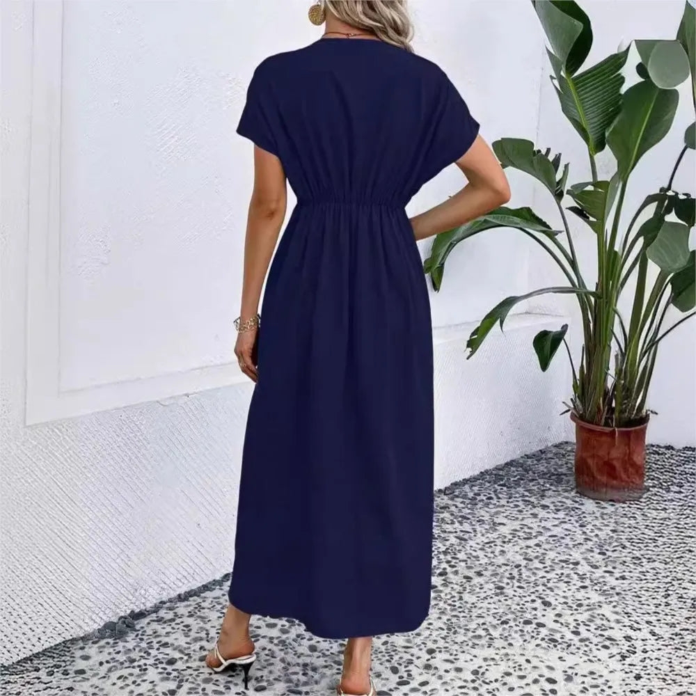 Fashionable High Waisted Elegant Party Dress 2024 Summer Solid Color Deep V-neck Pleated Elastic Long Dress Vestidos De Mujer