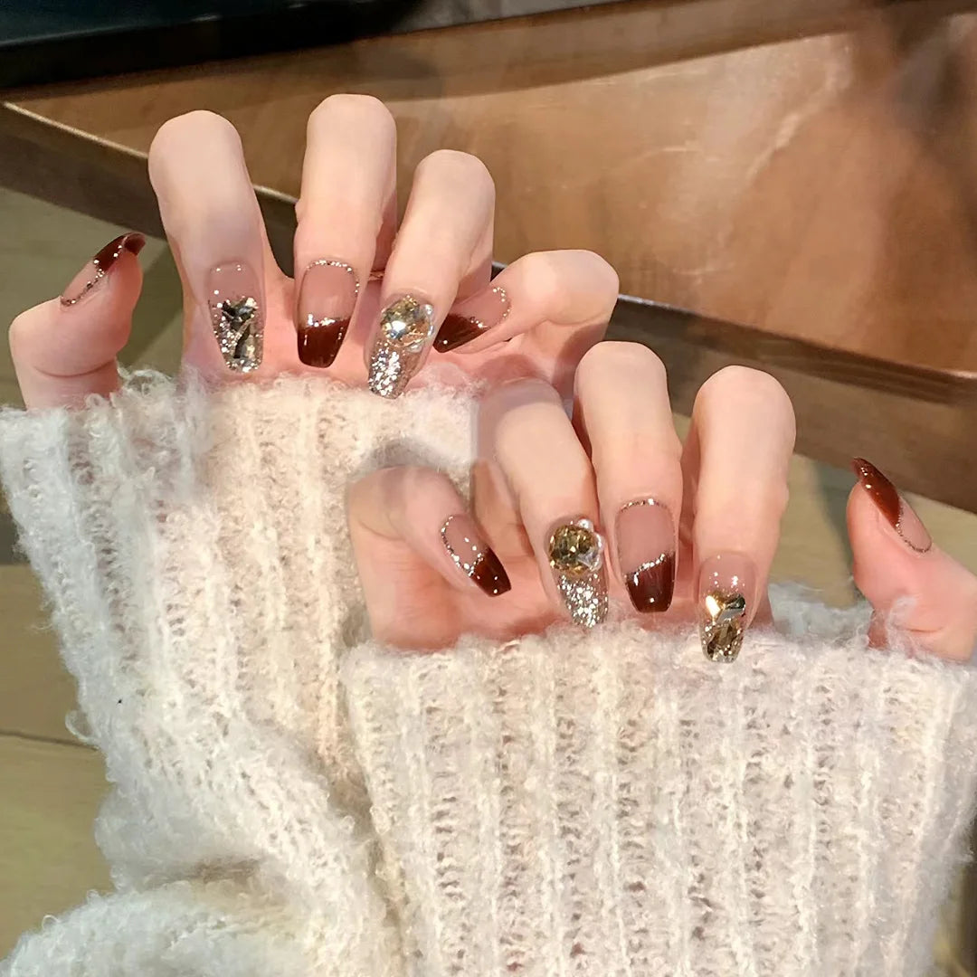 24PC Stereoscopic Vision False Nails Artificial Colors Fake Nails with Glue Full Cover Nail Tips Press on Nails Manicure Tools