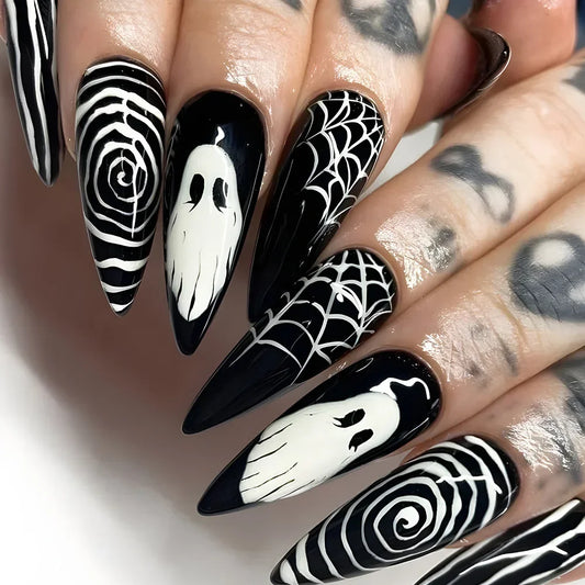 24Pcs Halloween Ghost Press on Nails Personalized Cobweb Pattern Teardrop Nails Full Cover False Nail for Women&Girls Party Wear