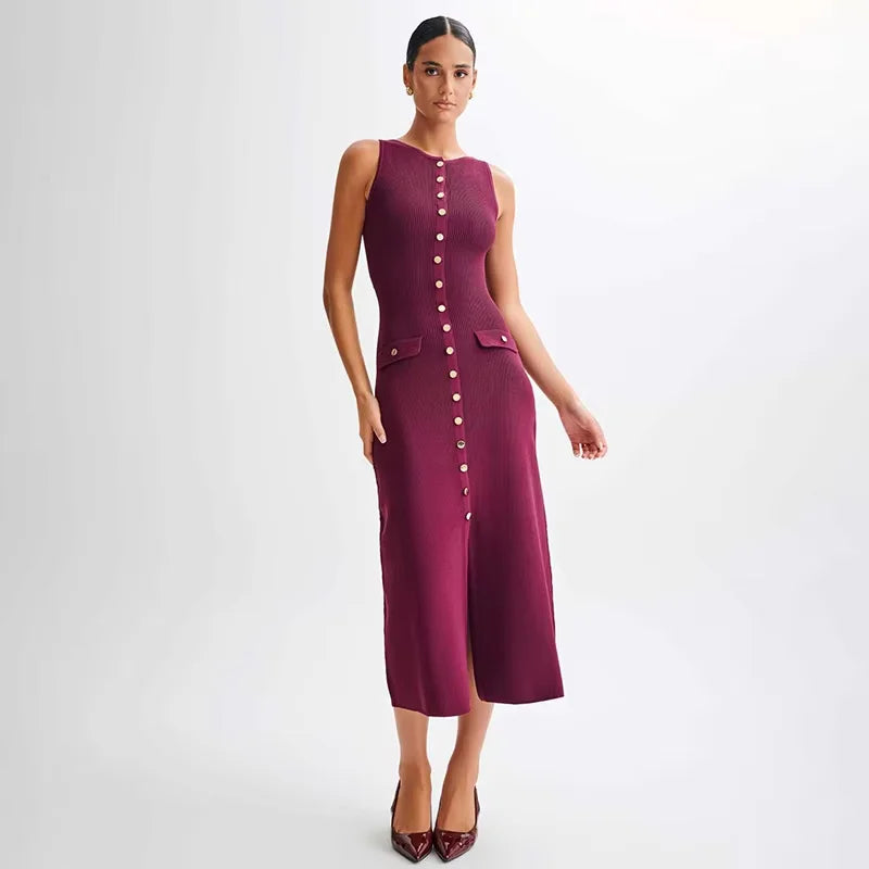 Elegant Sleeveless Single-breasted Ribbed Sweaters Long Dress for Women High Waist Bodycon Knitted Fake Pocket Dress New