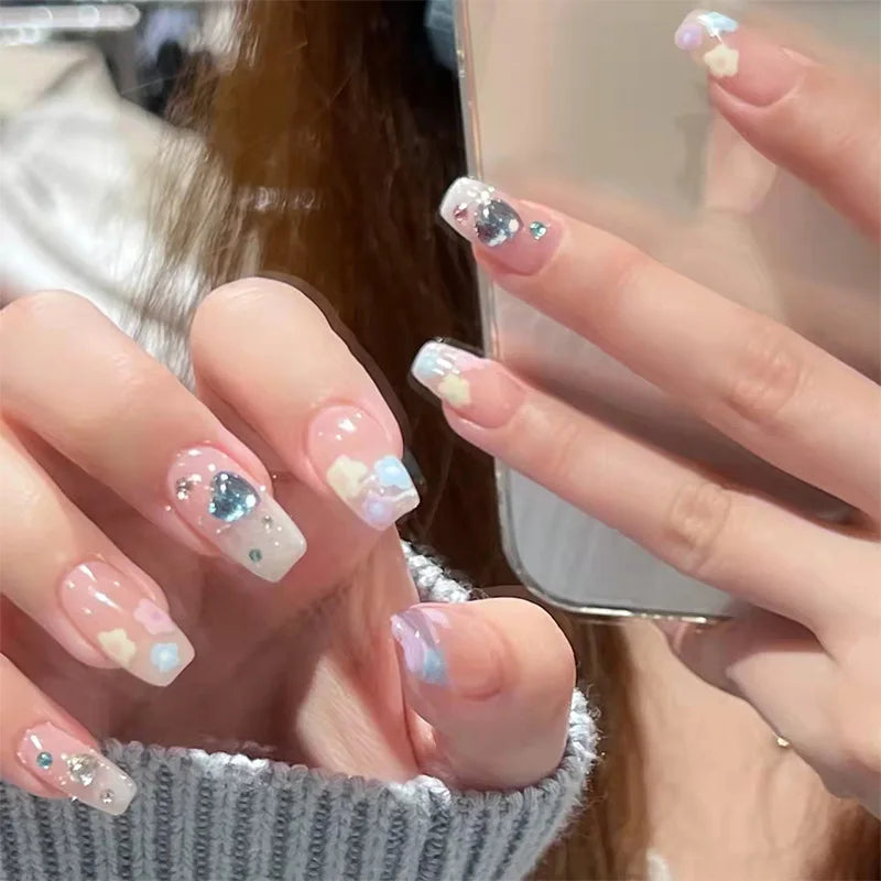 24Pcs/Box Gradient Color Artifical Press On Nails With Glue Long Coffin Fake Nails Lovely Girls Nail Art Ballerina False Nails
