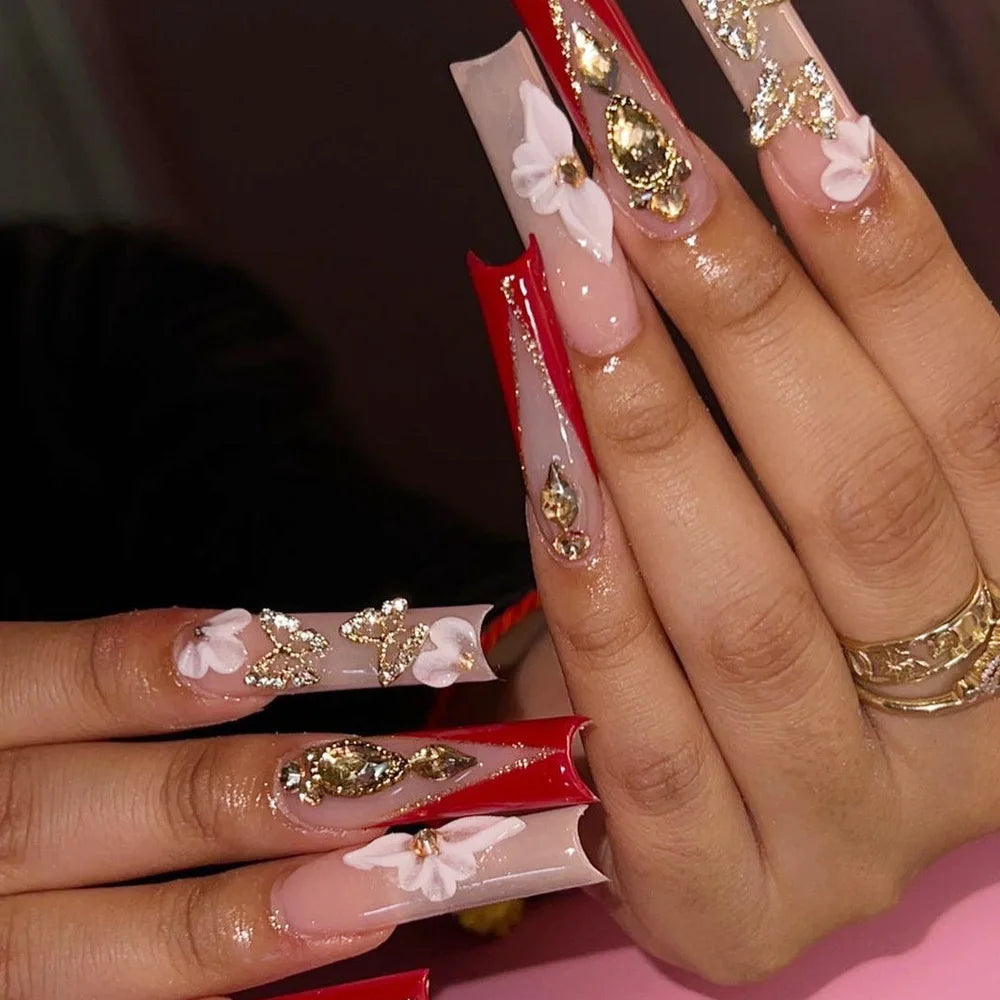 24Pcs Leopard Print Design False Nails with Bow Rhinestone Long Square Press on Nails Wearable French Ballet Fake Nail Tips