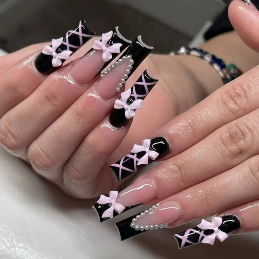 24Pc Press on Nails Long Pink French Fake Nails Press Ons Acrylic Black French Tip Nails Wearable Cute Y2k Full Cover False Nail