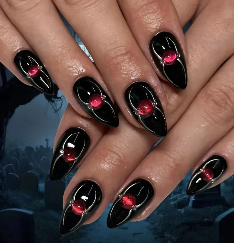 24Pcs Halloween Ghost Press on Nails Personalized Cobweb Pattern Teardrop Nails Full Cover False Nail for Women&Girls Party Wear