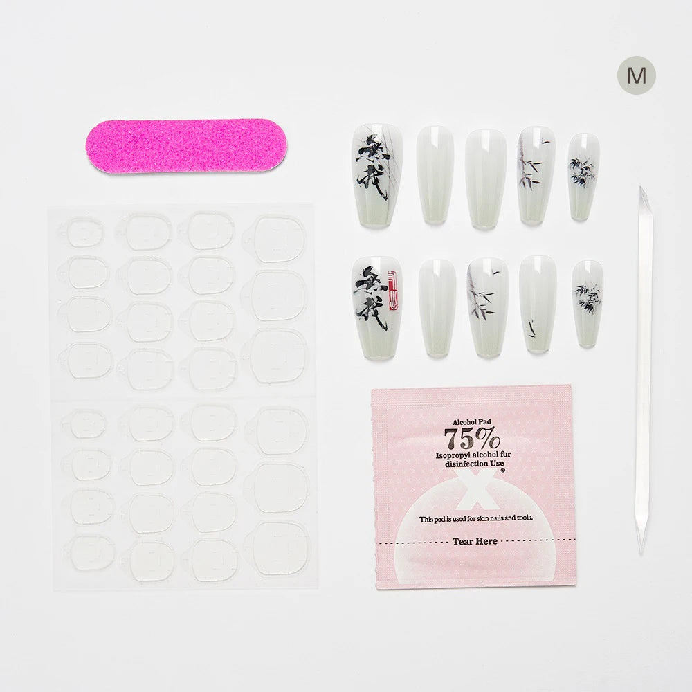 10PCS Chinese Bamboo Long Press on Nails Poetry Painting Design Fake Nails Set Reusable Full Cover Acrylic Nails Art for Women