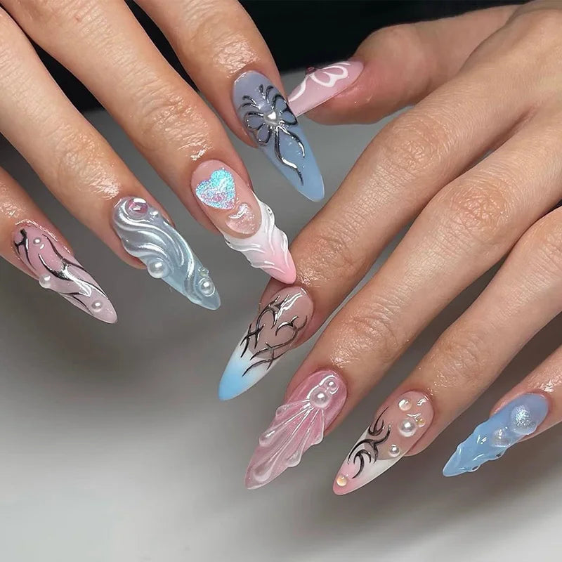 Glossy Press On Nails Set Short Oval Shiny Gradient French Nail Art Design Reusable Full Cover Fake Nails With Glue For Girls