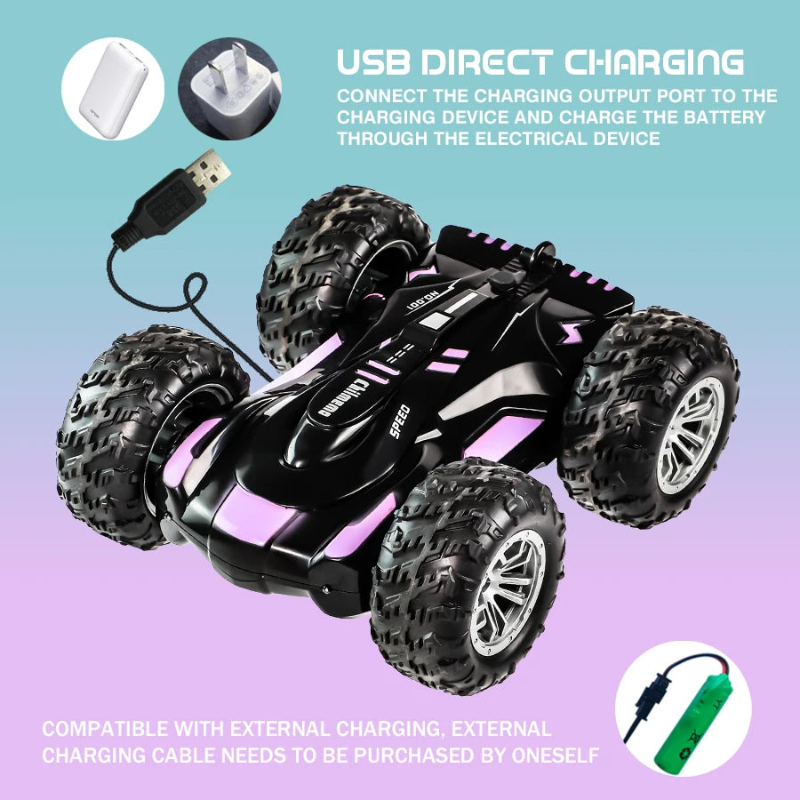 RC spray car 2.4G double-sided stunt with lights Children's toys direct charging compatible external charging