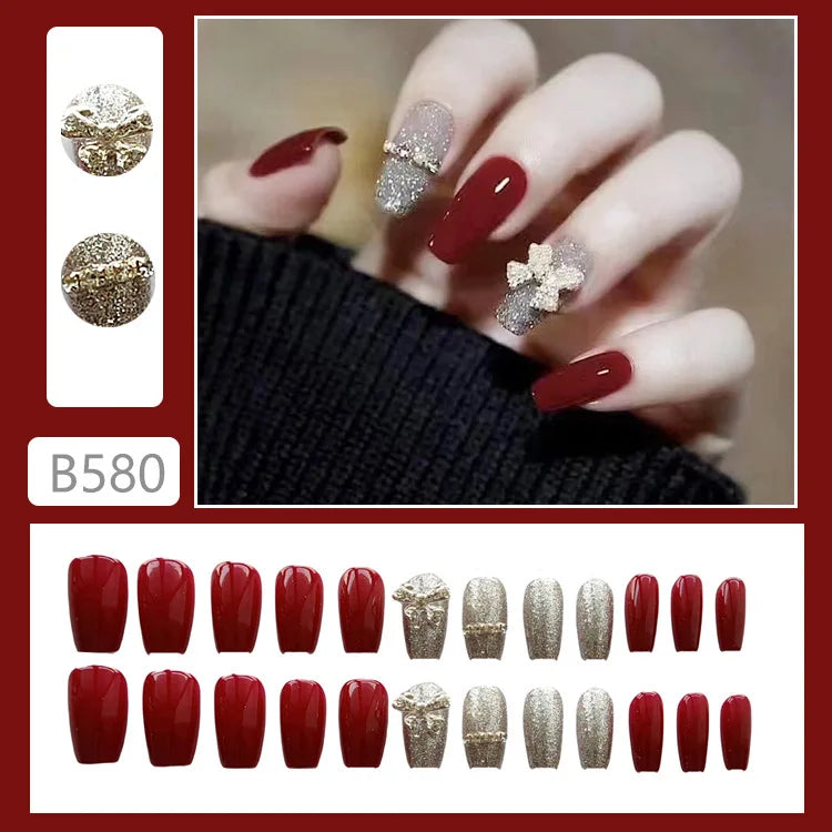 24PC Stereoscopic Vision False Nails Artificial Colors Fake Nails with Glue Full Cover Nail Tips Press on Nails Manicure Tools
