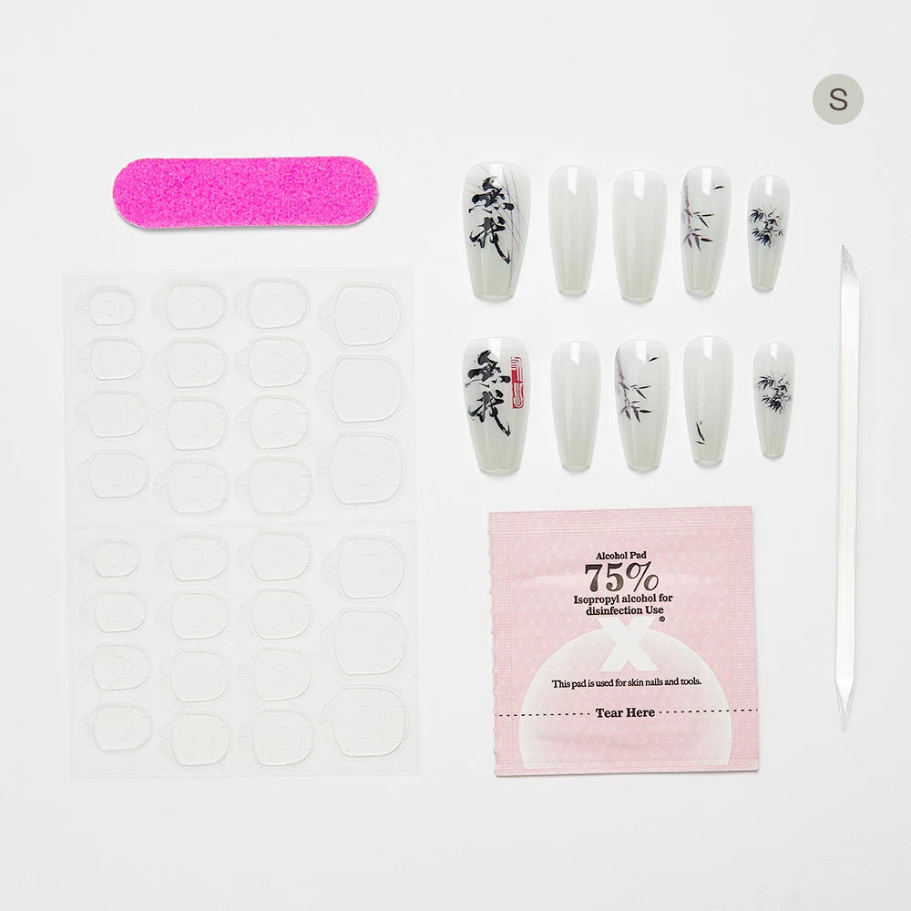 10PCS Chinese Bamboo Long Press on Nails Poetry Painting Design Fake Nails Set Reusable Full Cover Acrylic Nails Art for Women