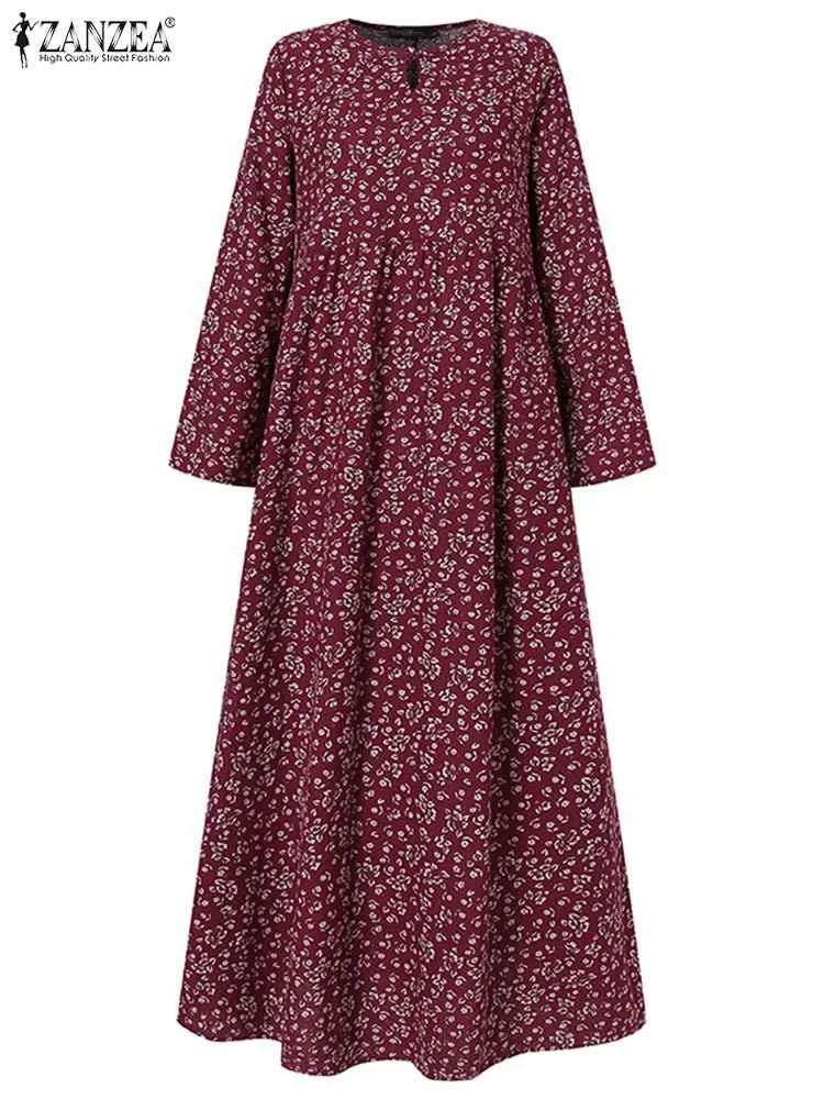 ZANZEABohemian Holiday Sundress Floral Printed Maxi Long Dress Women Summer O Neck Long Sleeve Dresses Vintage Robe Vestidos