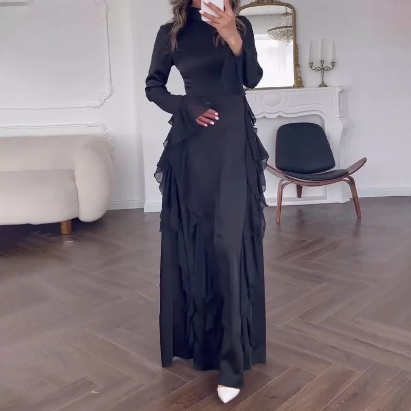 Elegant Women's O-neck Ruffled Slim Long Dress Autumn Flared Sleeves Solid Casual Dress New Temperament High Waist Banquet Dress