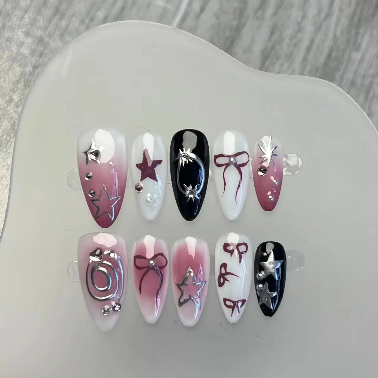 Handmade Press on Nails Purple Fake Nails with Butterfly Sparkling False Nails Sweet Acrylic Full Cover Almond Nails