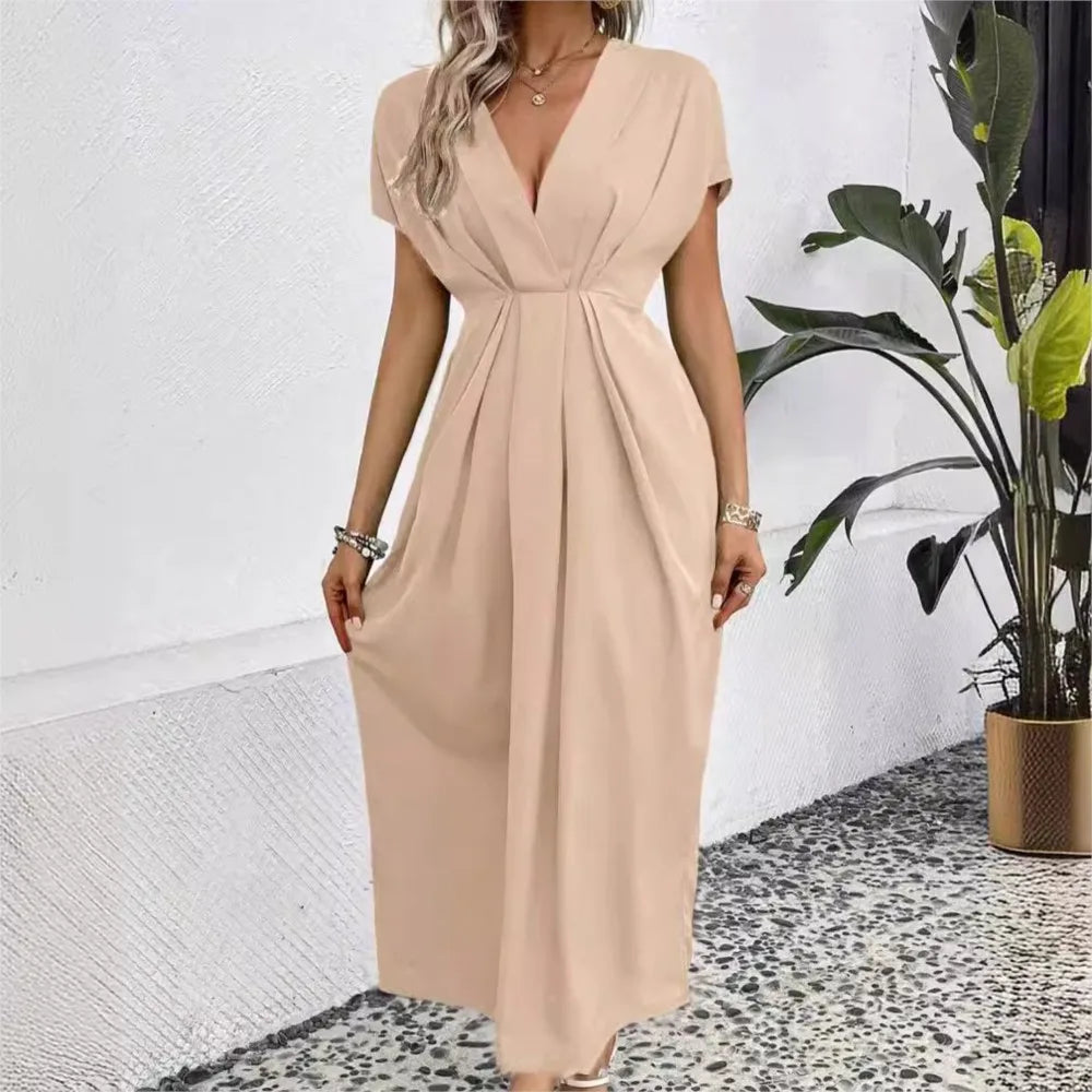 Fashionable High Waisted Elegant Party Dress 2024 Summer Solid Color Deep V-neck Pleated Elastic Long Dress Vestidos De Mujer