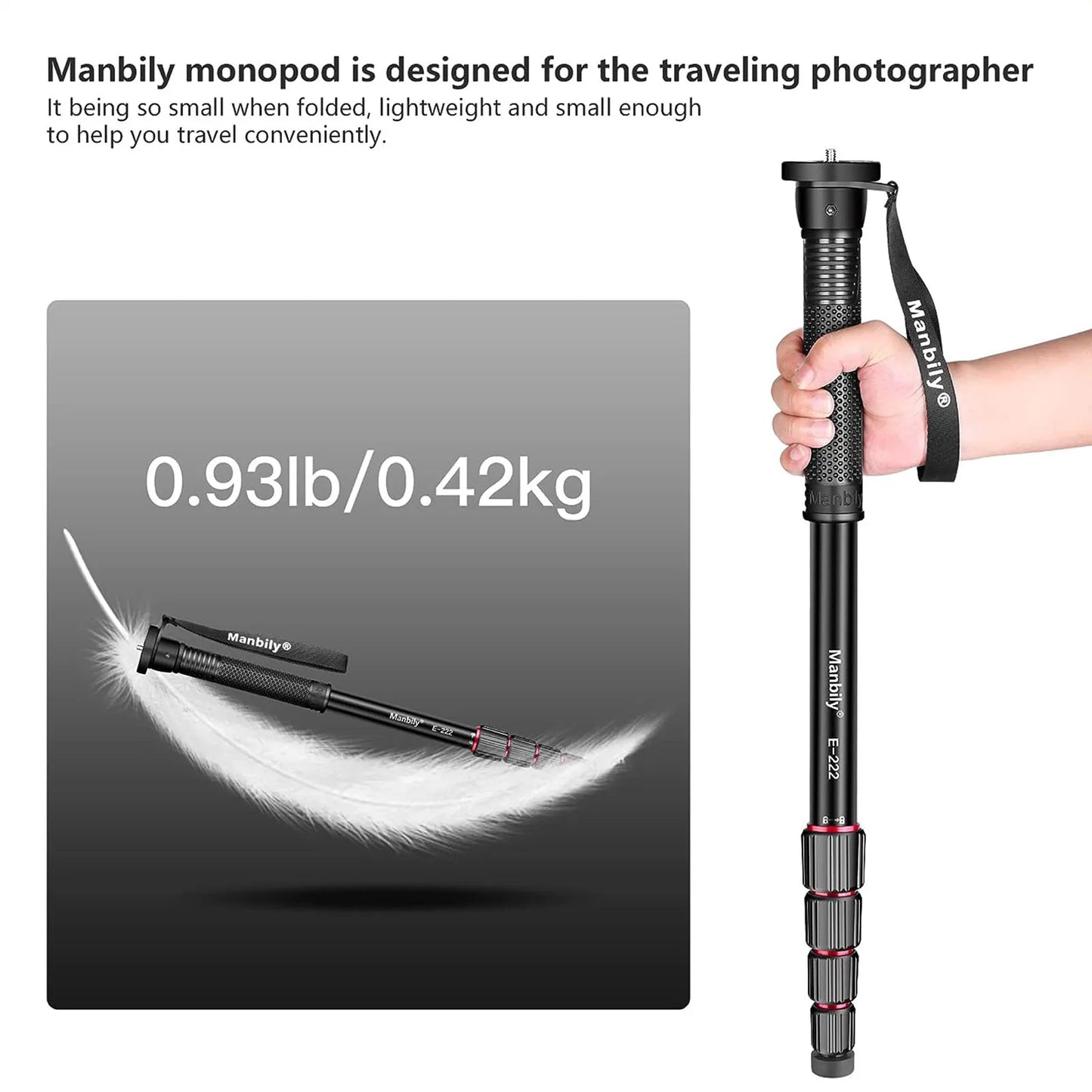 Manbily E-222 65" Camera Travel Monopod 5 Sections Aluminum Monopod for DSLR Cameras Portable Lightweight Walking Trekking Stick