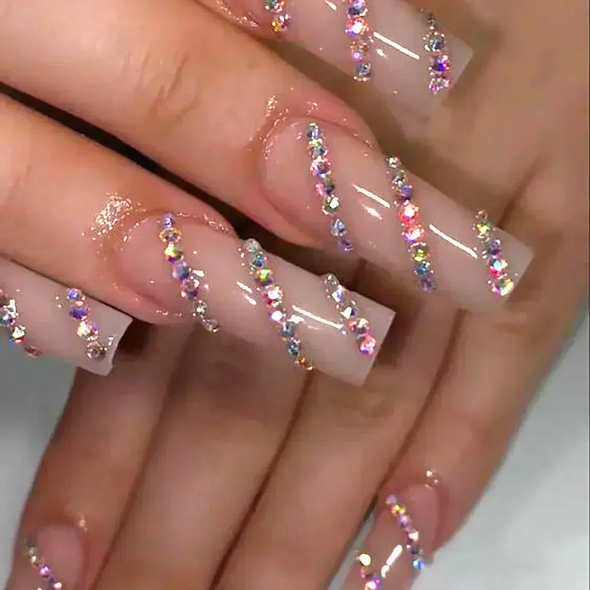 24Pcs Pink French False Nails French with Rhinestone Acrylic Fake Nail Tips Detachable Coffin Press on Nails Full Cover Manicure
