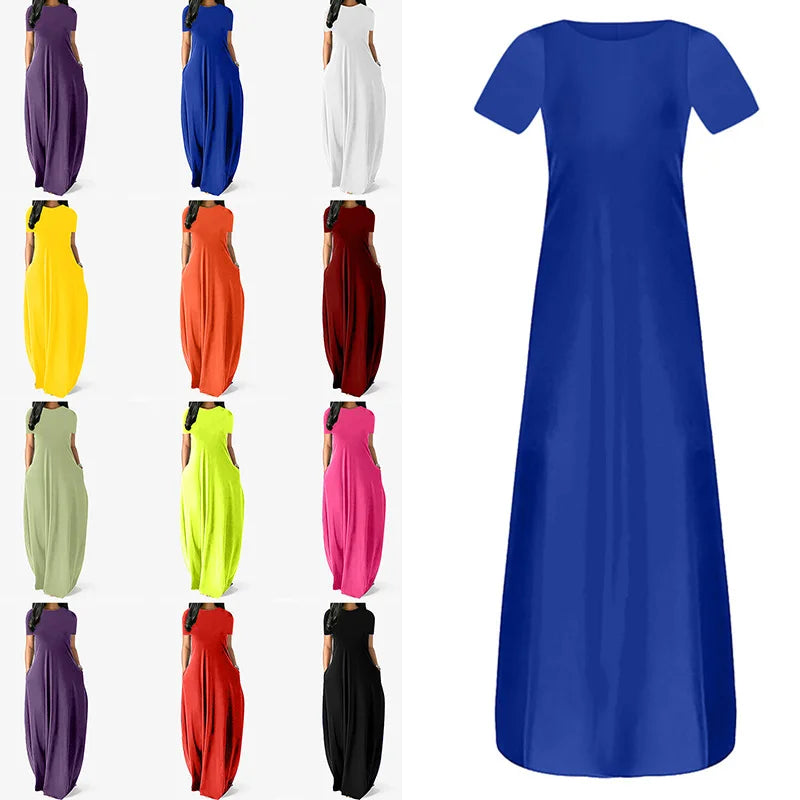 Women’s Oversize Long Dress Casual Solid Color O-Neck Pockets Summer Dress Female Plus Size Short Sleeve High Waist Maxi Dresses