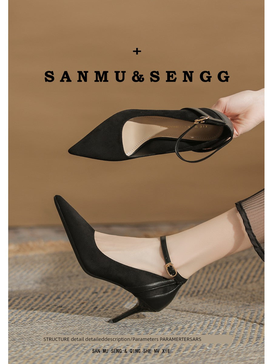Ankle-Strap High Heels Female Fall and Winter Fleece-lined 2025 New Arrival Flats Black Work Clothing Professional Stiletto Pointed-Toe Shoes