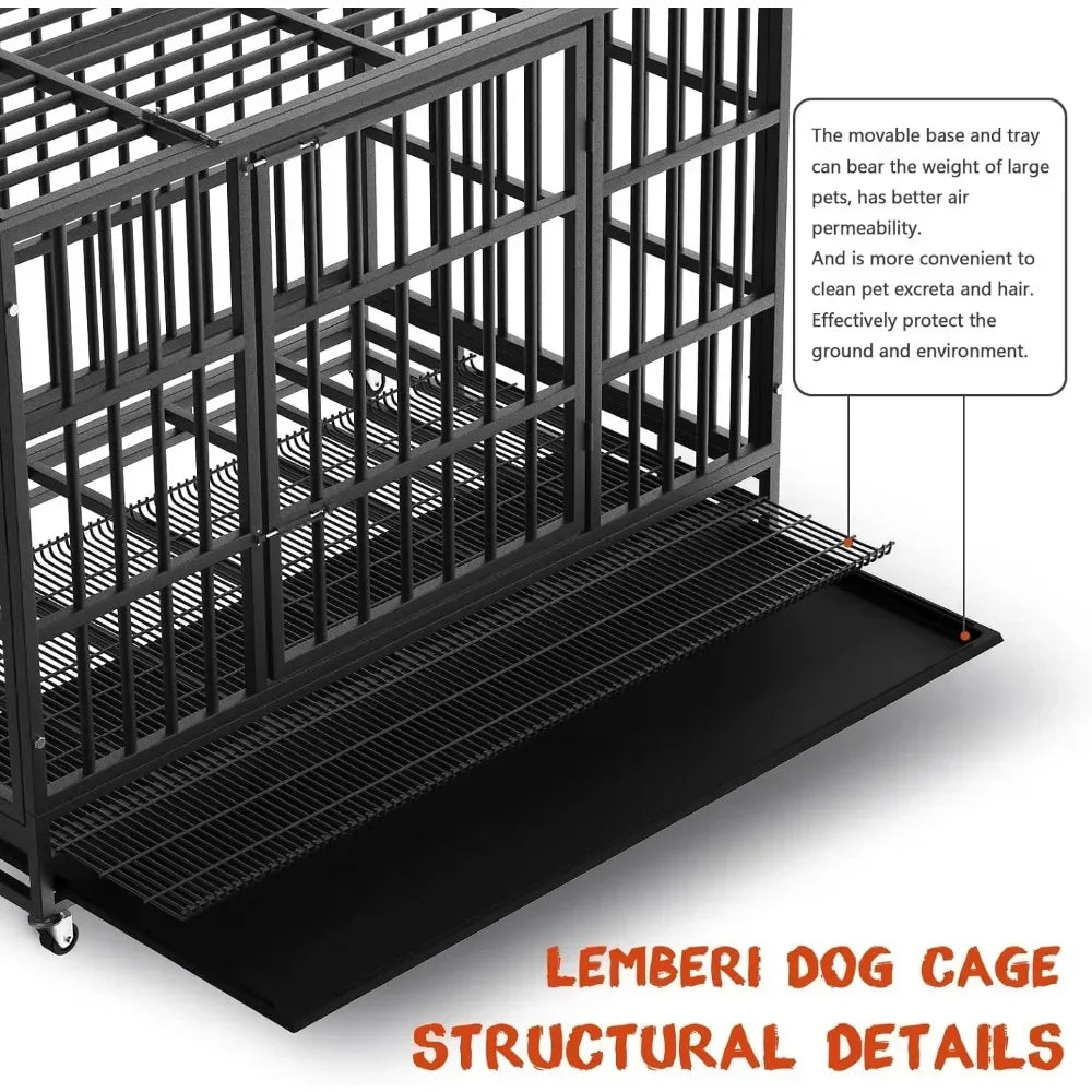 48/38 inch Heavy Duty Indestructible Dog Crate, Escape Proof Dog Cage Kennel with Lockable Wheels,47.2"L x 30.7"W x 36.0"H