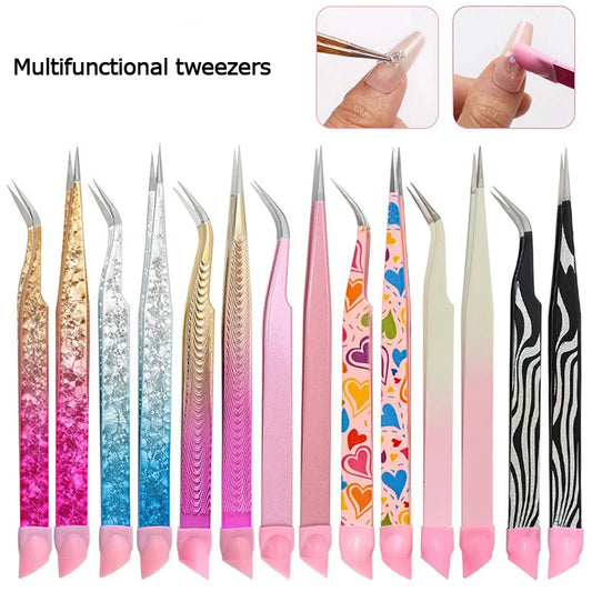 Double-Ended Eyelashes Extension Tweezers Makeup Tools Nail Art Tweezers with Silicone Pressing Head Nail Stickers Pick Up Clip