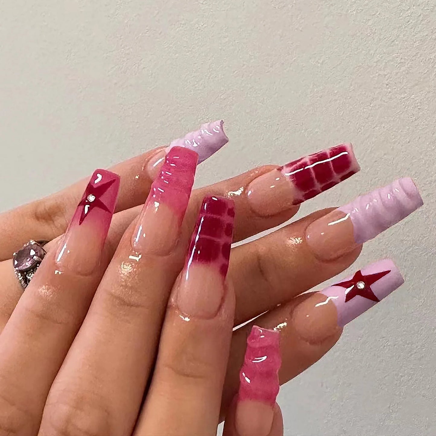 24Pcs Leopard Print Design False Nails with Bow Rhinestone Long Square Press on Nails Wearable French Ballet Fake Nail Tips