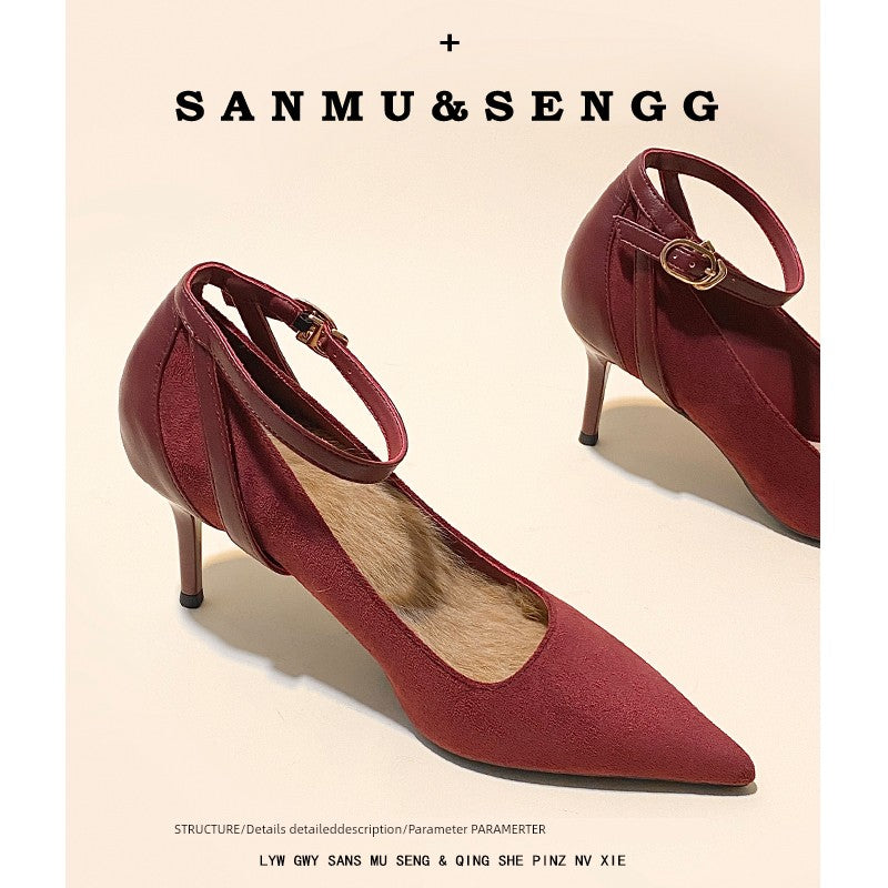 Ankle-Strap High Heels Female Fall and Winter Fleece-lined 2025 New Arrival Flats Black Work Clothing Professional Stiletto Pointed-Toe Shoes