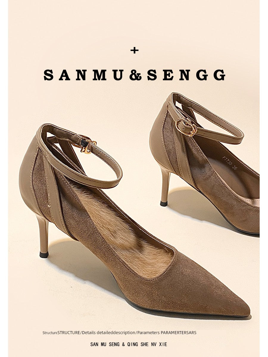Ankle-Strap High Heels Female Fall and Winter Fleece-lined 2025 New Arrival Flats Black Work Clothing Professional Stiletto Pointed-Toe Shoes