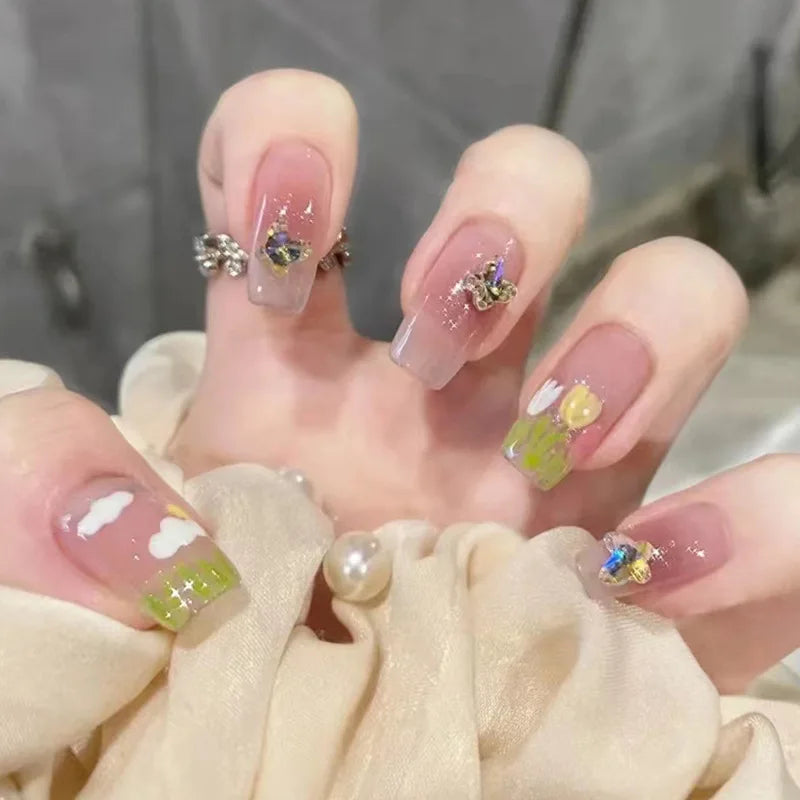 24Pcs/Box Gradient Color Artifical Press On Nails With Glue Long Coffin Fake Nails Lovely Girls Nail Art Ballerina False Nails