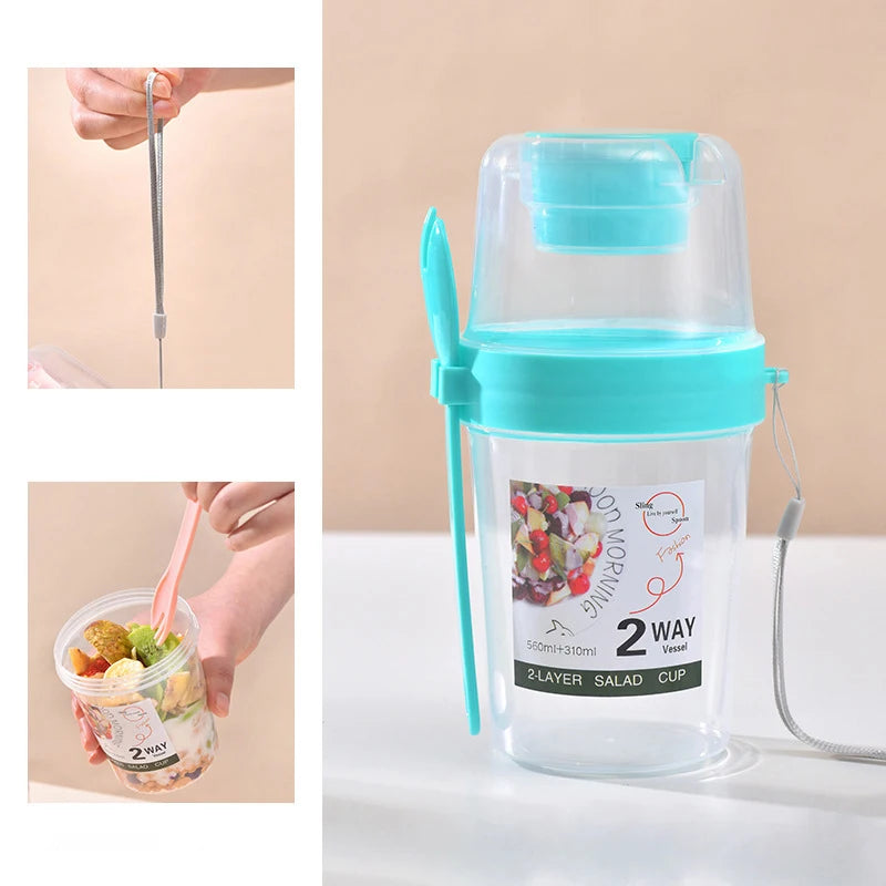 Portable Double-Layer Salad Cup Oatmeal Cereal Nut Yogurt Salad Cup Container Set With Fork School Lunch Box Food Storage Box