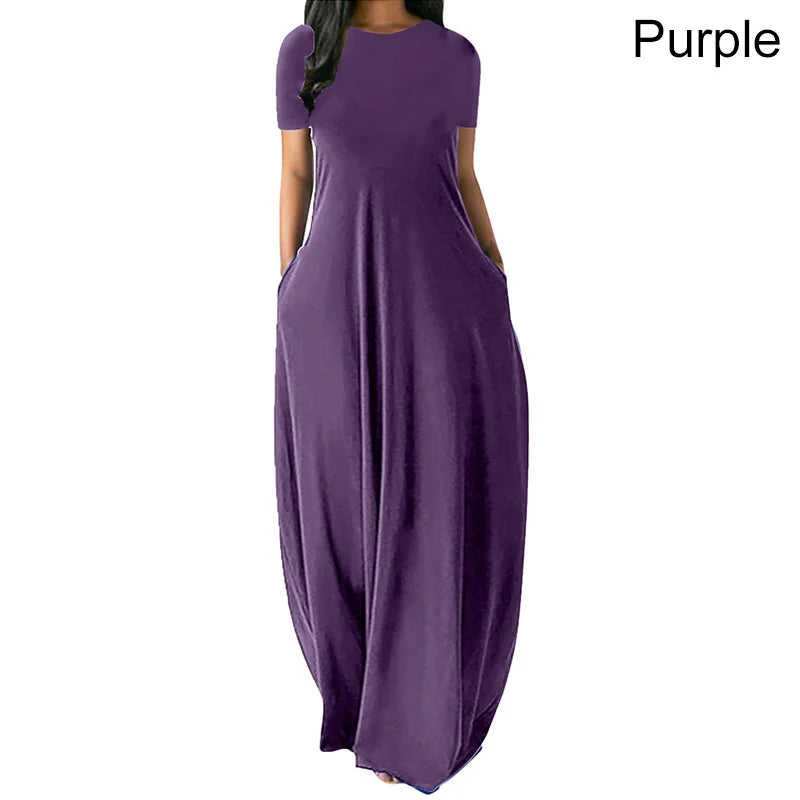 Women’s Oversize Long Dress Casual Solid Color O-Neck Pockets Summer Dress Female Plus Size Short Sleeve High Waist Maxi Dresses