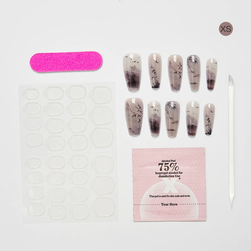 10PCS Chinese Bamboo Long Press on Nails Poetry Painting Design Fake Nails Set Reusable Full Cover Acrylic Nails Art for Women