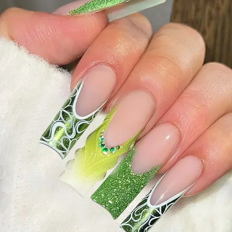 24Pc Long Green False Nails 3D Camellia Butterfly Design Fake Nail Coffin Ballet Press on Nails Artificial Wearable Finished Tip