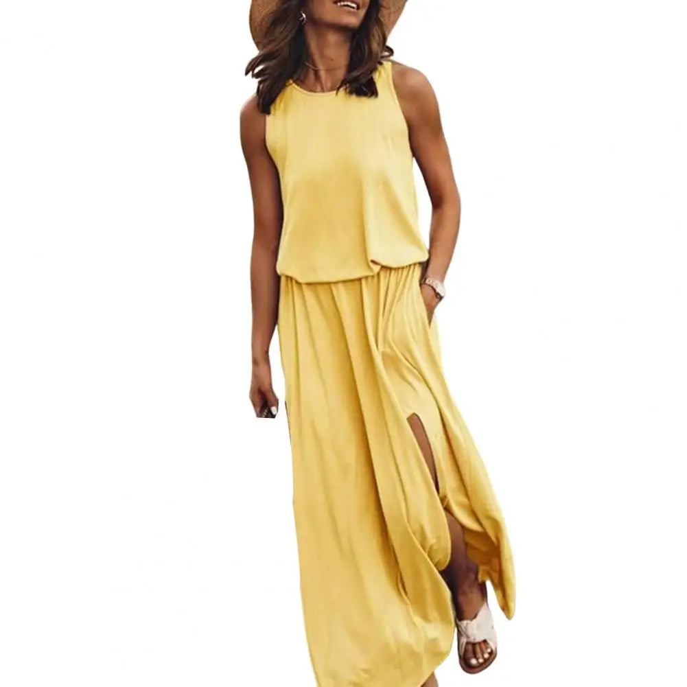 Long Dress Sleeveless Round Neck Solid Color Breathable Friendly to Skin Polyester Women Casual Maxi Dress Summer Sundress