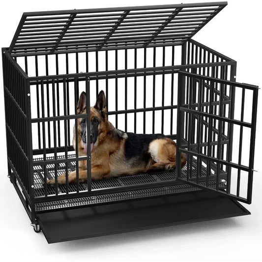 48/38 inch Heavy Duty Indestructible Dog Crate, Escape Proof Dog Cage Kennel with Lockable Wheels,47.2"L x 30.7"W x 36.0"H