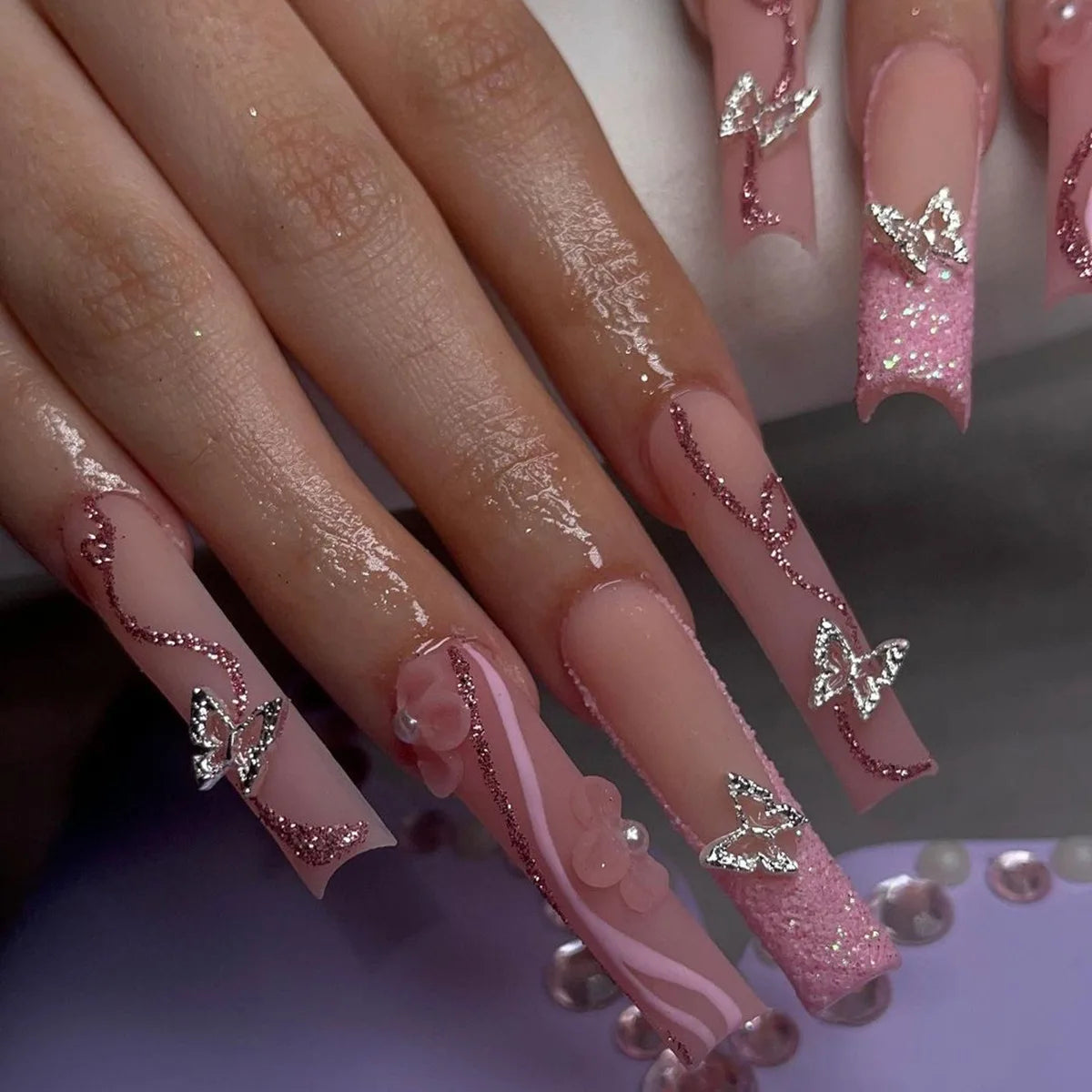 24Pcs Leopard Print Design False Nails with Bow Rhinestone Long Square Press on Nails Wearable French Ballet Fake Nail Tips