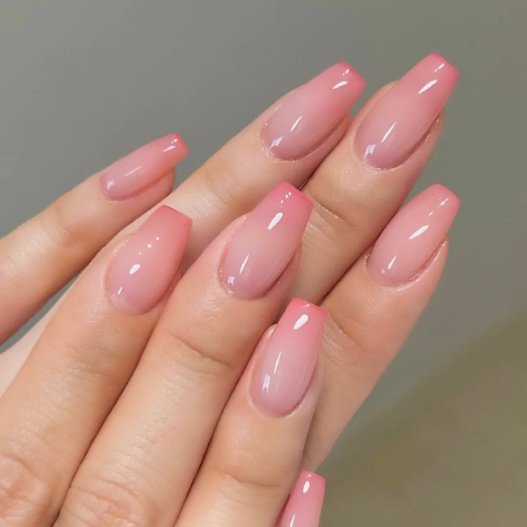 24Pcs Gradient Pink Fake Nail Simple Mid-length Ballet False Nails with Square Head Design Press on Nails Full Cover Nail Tips