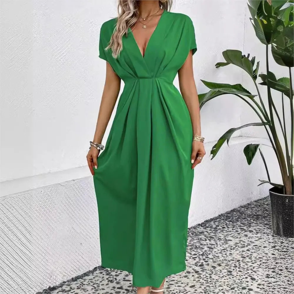 Fashionable High Waisted Elegant Party Dress 2024 Summer Solid Color Deep V-neck Pleated Elastic Long Dress Vestidos De Mujer