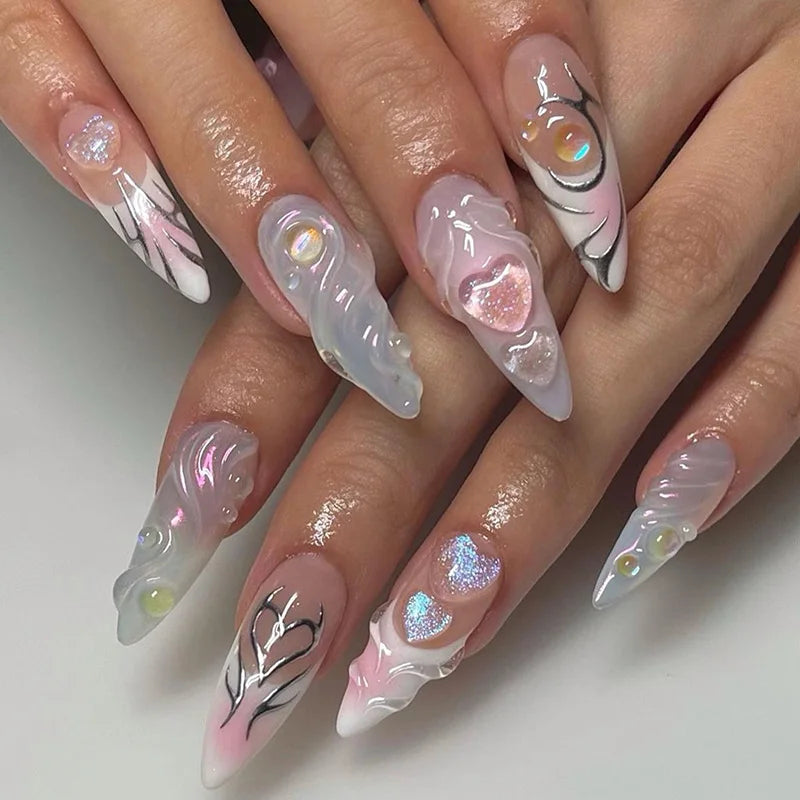 Glossy Press On Nails Set Short Oval Shiny Gradient French Nail Art Design Reusable Full Cover Fake Nails With Glue For Girls