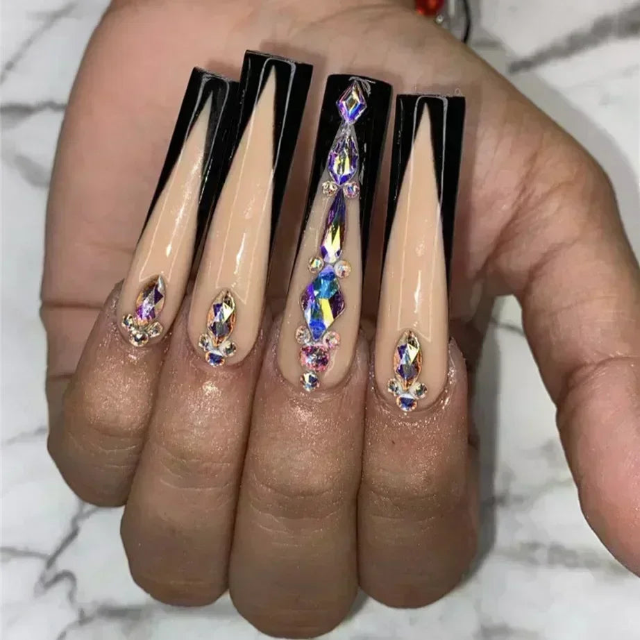 24Pcs Pink French False Nails French with Rhinestone Acrylic Fake Nail Tips Detachable Coffin Press on Nails Full Cover Manicure
