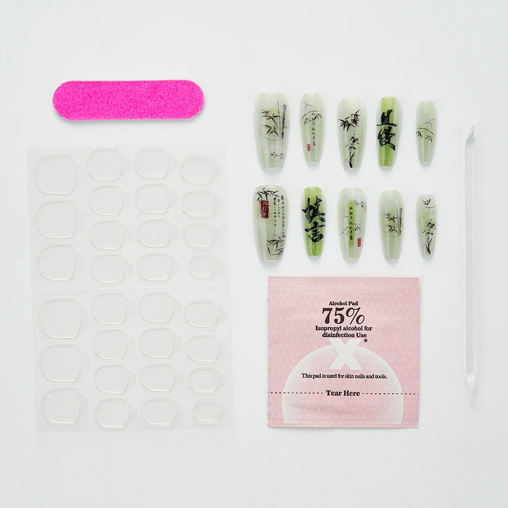 10PCS Chinese Bamboo Long Press on Nails Poetry Painting Design Fake Nails Set Reusable Full Cover Acrylic Nails Art for Women