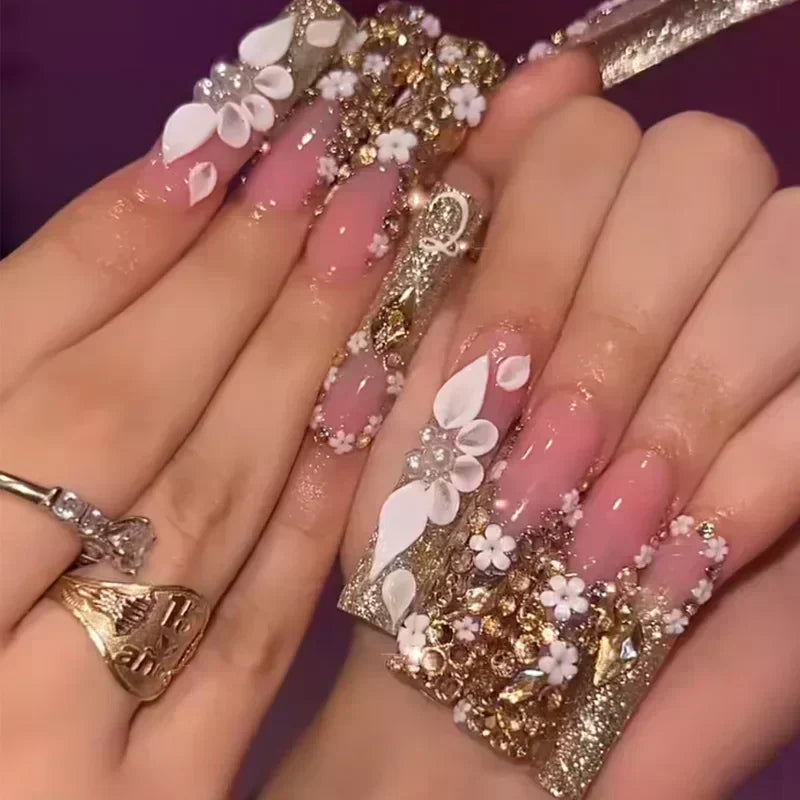 24Pcs Pink French False Nails French with Rhinestone Acrylic Fake Nail Tips Detachable Coffin Press on Nails Full Cover Manicure