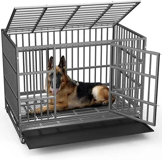 48/38 inch Heavy Duty Indestructible Dog Crate, Escape Proof Dog Cage Kennel with Lockable Wheels,47.2"L x 30.7"W x 36.0"H