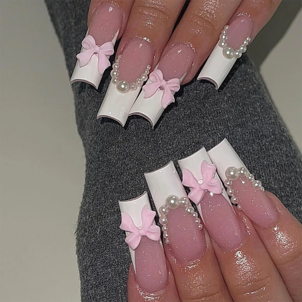 24Pcs Leopard Print Design False Nails with Bow Rhinestone Long Square Press on Nails Wearable French Ballet Fake Nail Tips
