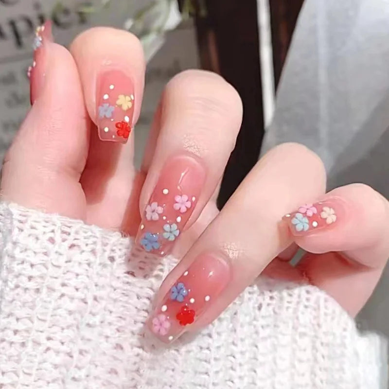 24Pcs/Box Gradient Color Artifical Press On Nails With Glue Long Coffin Fake Nails Lovely Girls Nail Art Ballerina False Nails