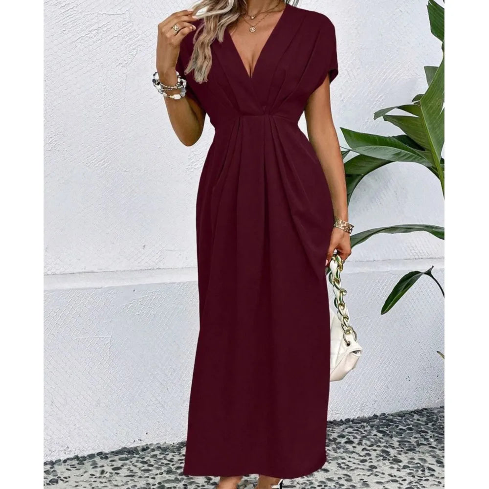 Fashionable High Waisted Elegant Party Dress 2024 Summer Solid Color Deep V-neck Pleated Elastic Long Dress Vestidos De Mujer