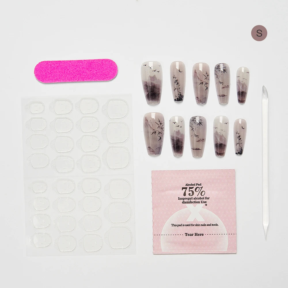 10PCS Chinese Bamboo Long Press on Nails Poetry Painting Design Fake Nails Set Reusable Full Cover Acrylic Nails Art for Women